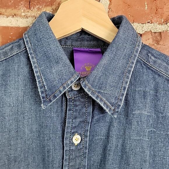 Christian Audigier Kids Chambray Button-up Short Sleeve Graphic Shirt 12 - Picture 3 of 13